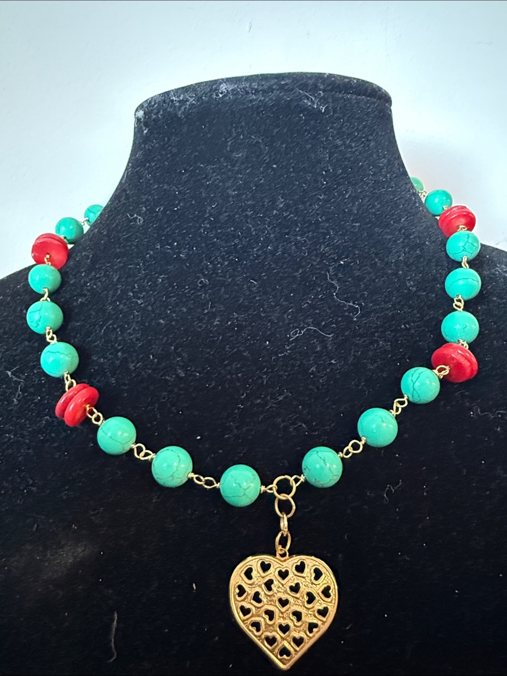 Gold Heart Pendant Necklace with Turquoise and Red Beads - Women's Jewelry